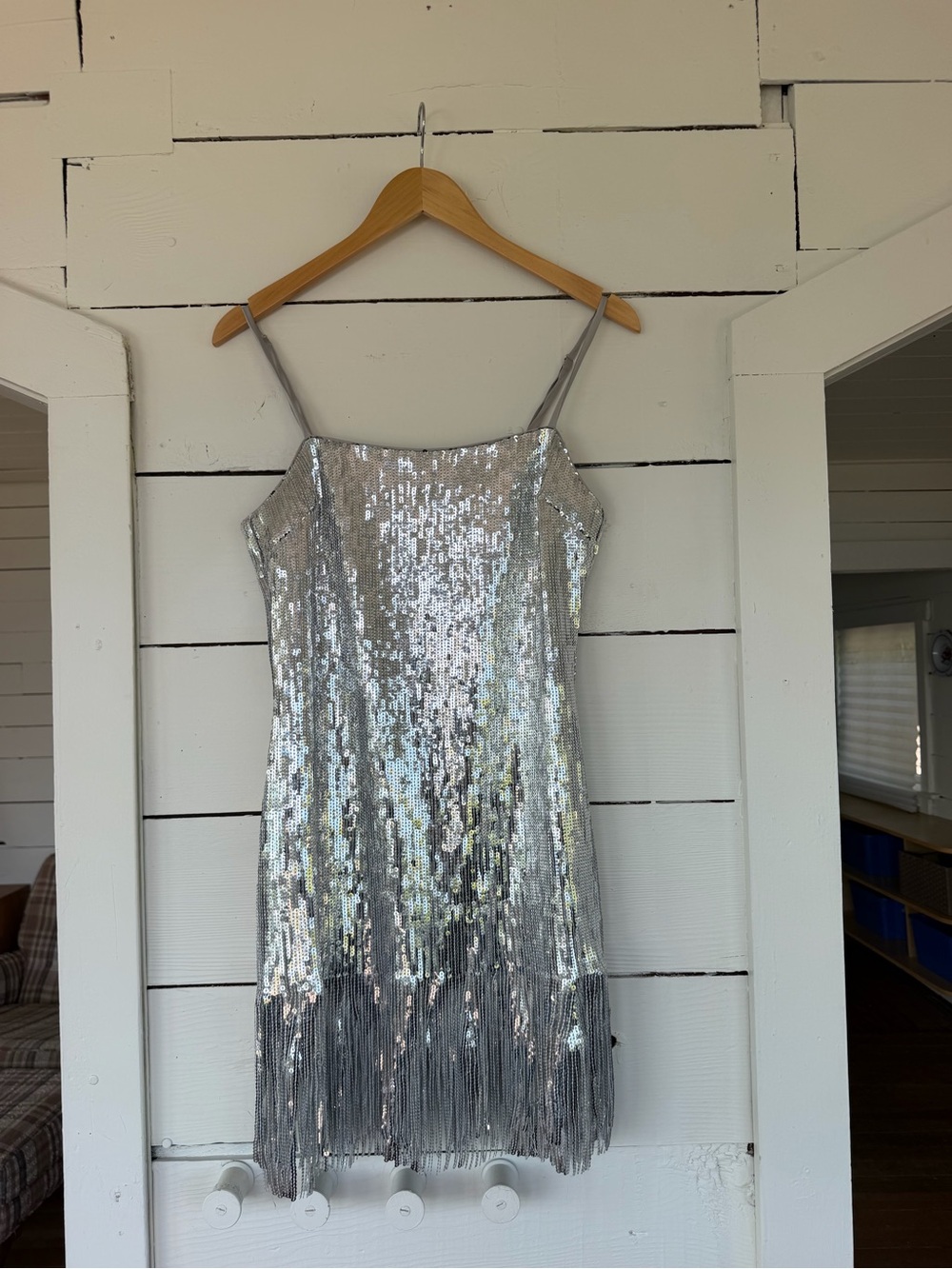 Likely Silver Sequin Fringe Mini Dress